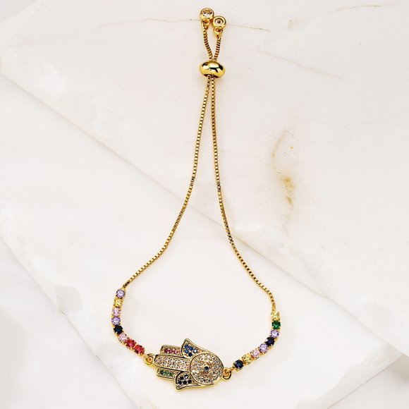 3/$35 Gold Plated Copper Hand Eye Hamsa Cubic Zirconia Chain Bracelet Jewelry - Picture 1 of 6